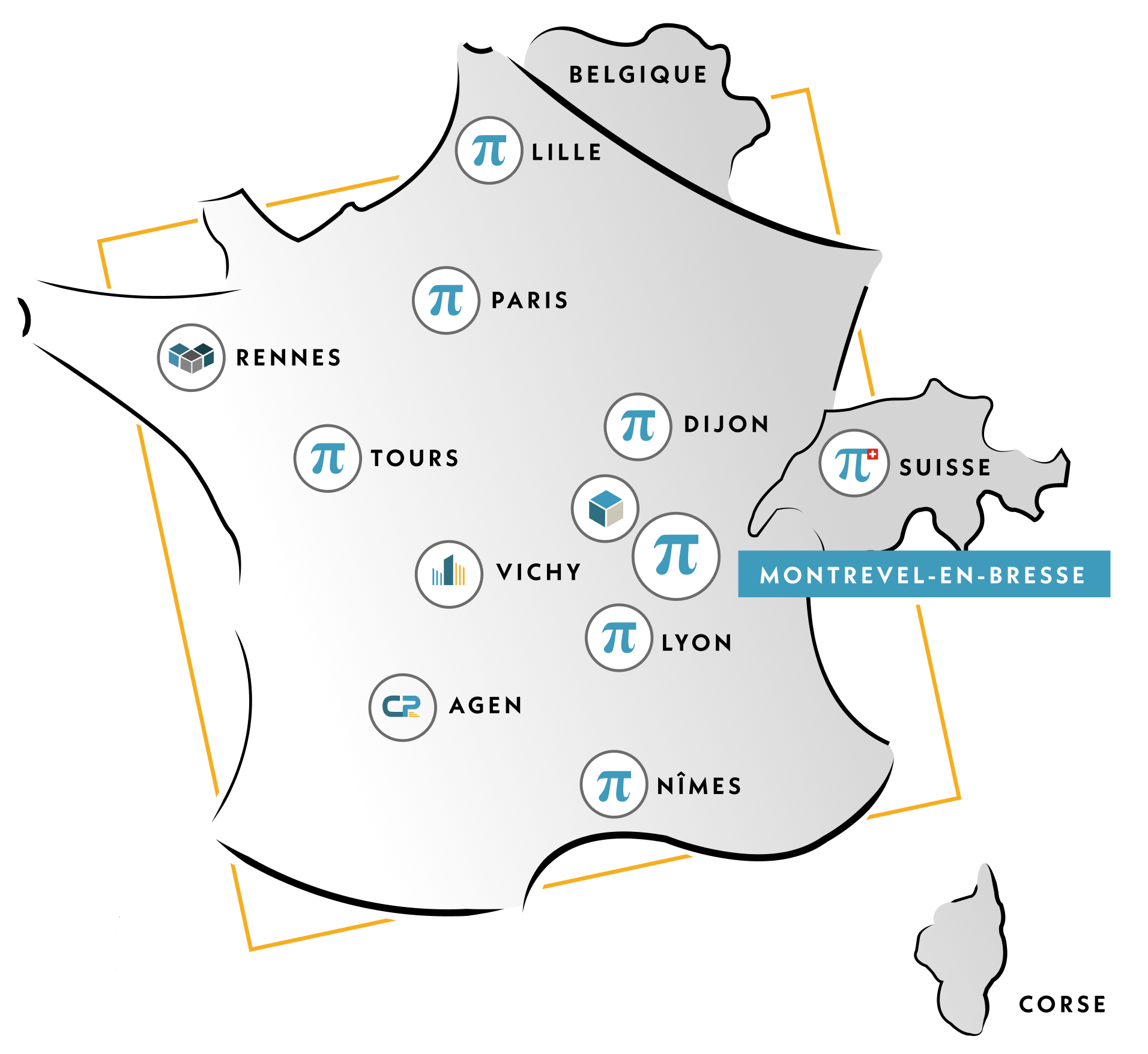 Une carte de la france avec les filliales du Groupe Pi dessus
